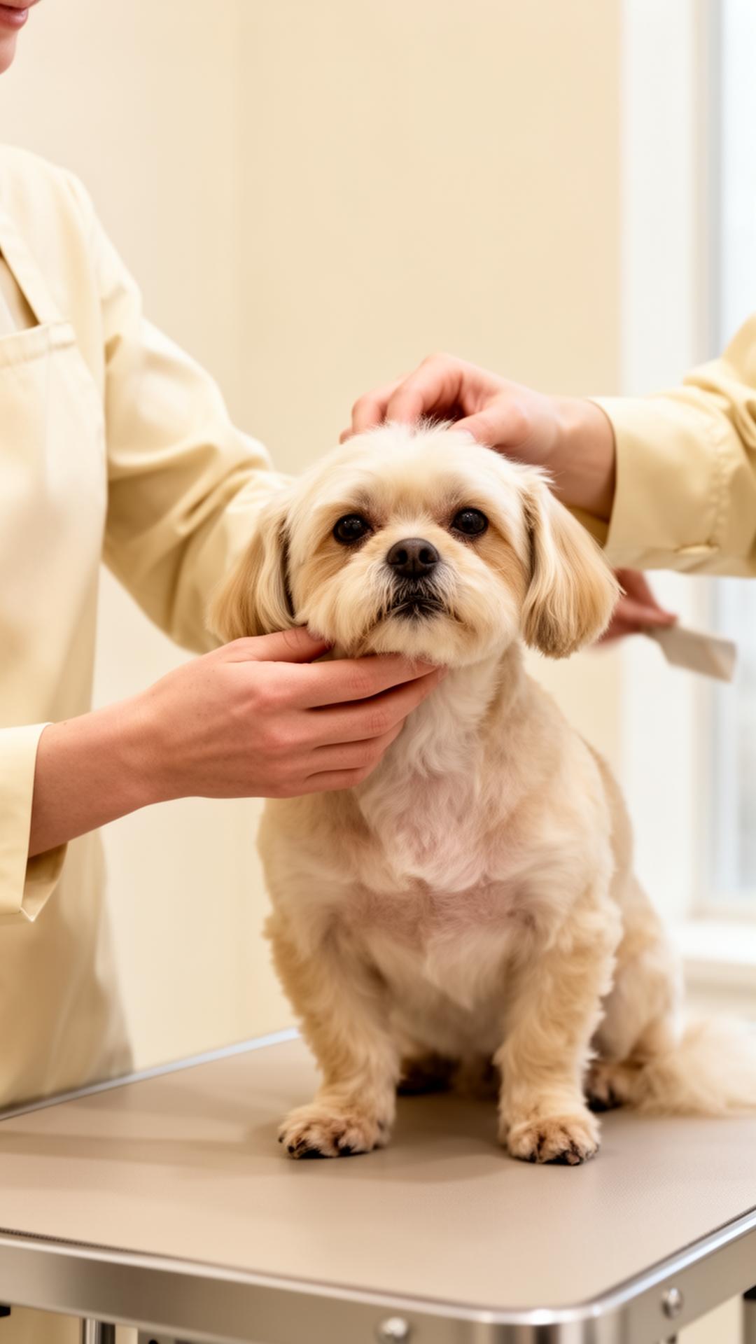 Groomer's hands gently evaluating a calm small dog